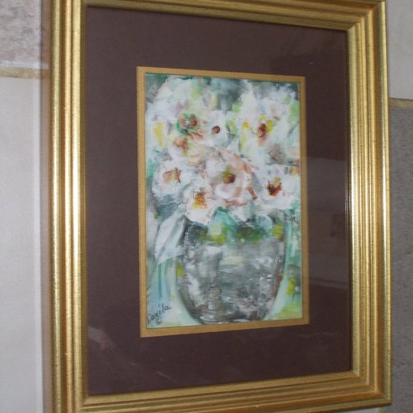 By Texas Artist Davila Other - Original "Emerald Floral" watercolor mat & framed
